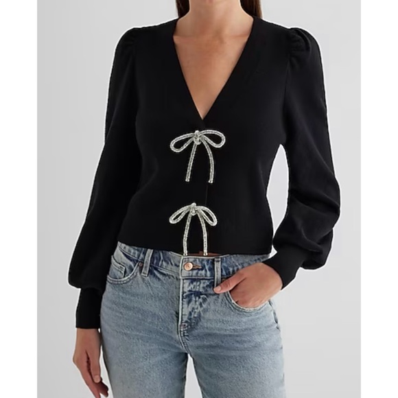 Express Sweaters - New! SOLDOUT EXPRESS V-Neck Embellished Rhinestone Bow Cardigan